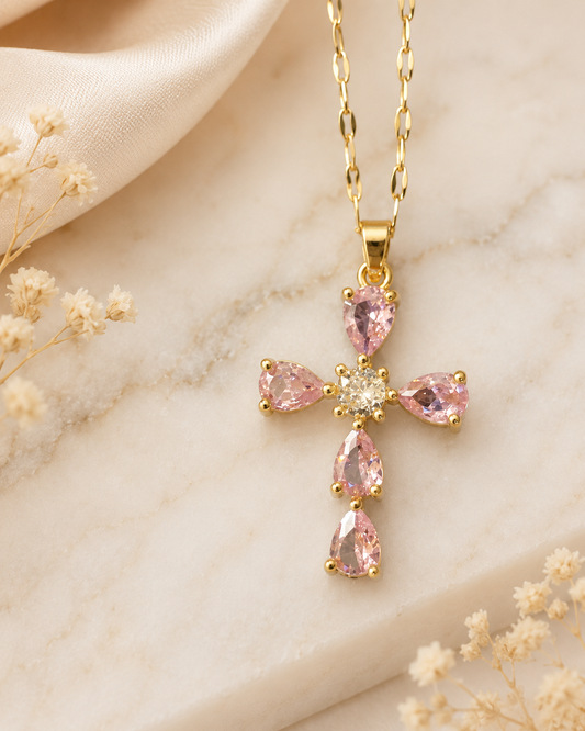 Collier croix rose en acier inoxydable doré