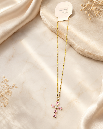 Collier croix rose en acier inoxydable doré