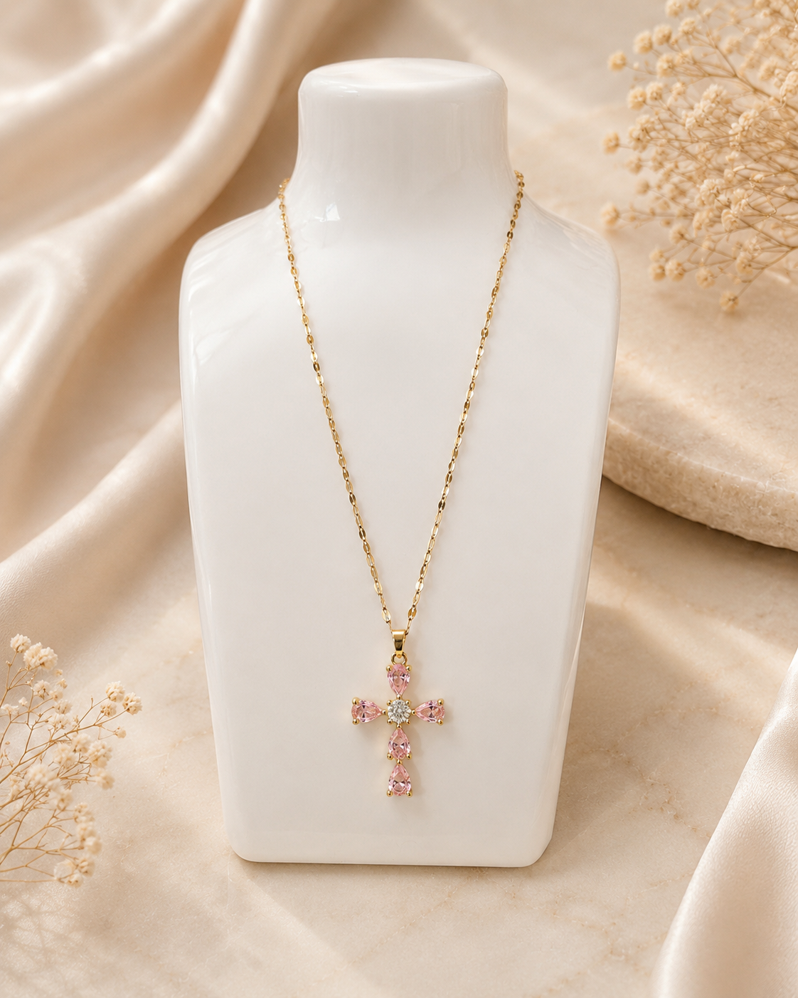 Collier croix rose en acier inoxydable doré